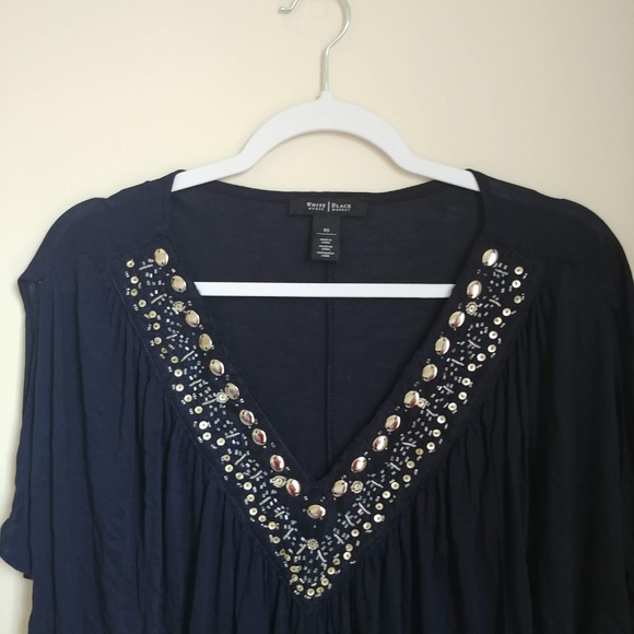 WHBM BLUE EMBELLISHED NECK BLOUSON TOP BLOUSE - Picture 3 of 7